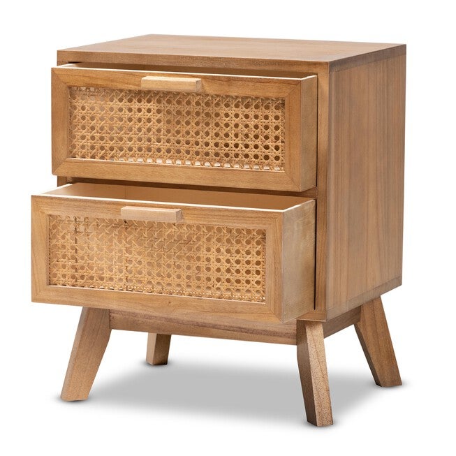 Baden Mid-Century Modern Walnut Brown Finished Wood 2-Drawer Nightstand With Rattan, , on-hover image number 1