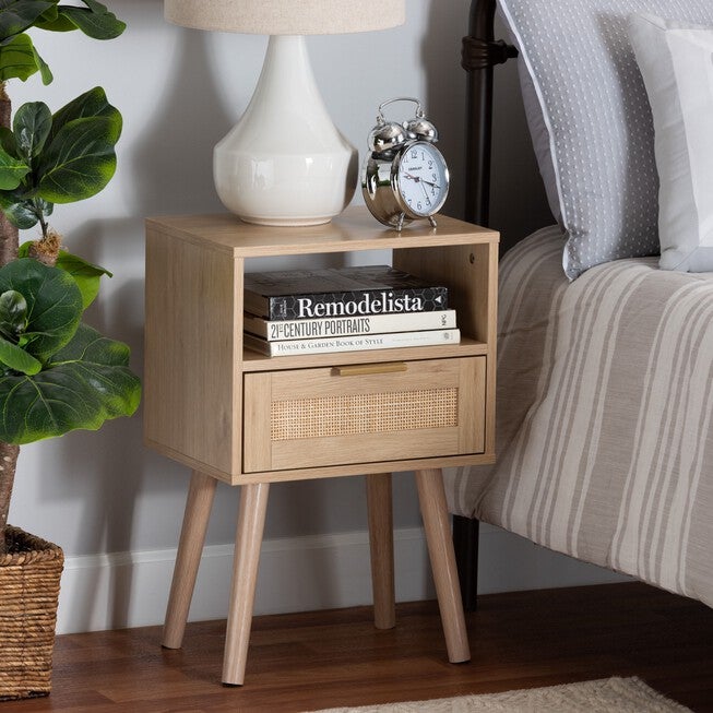 Emmett Mid-Century Modern Light Brown Finished Wood 1-Drawer End Table, , alternate image number null