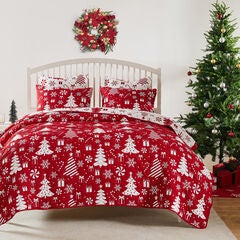 Snowflakes Holiday Matelassé Coverlet Set, Red, 3-Piece King