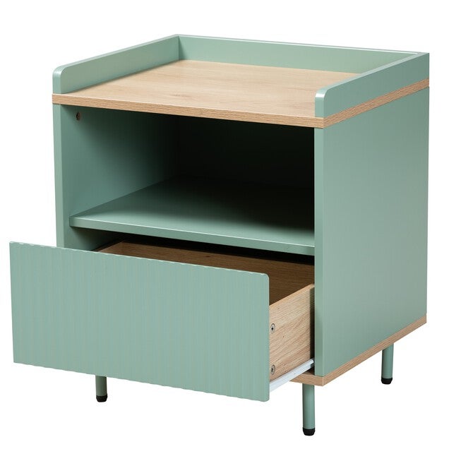 Tavita Mid-Century Modern Two-Tone Mint Green And Oak Brown Finished Wood 1-Drawer End Table, , on-hover image number 1