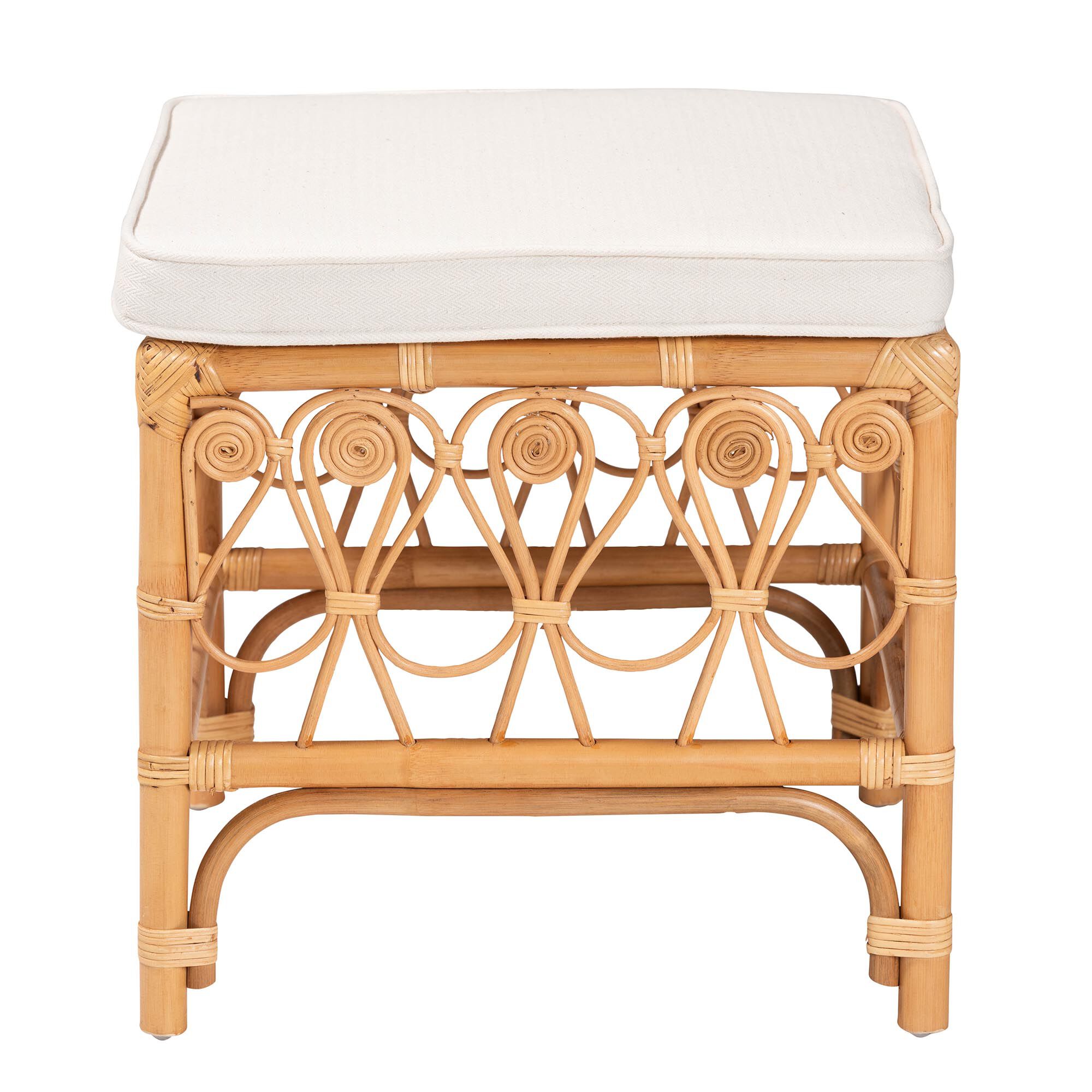 Ibiza Modern bohemian Natural Brown Rattan Footstool, WHITE, alternate image number 3