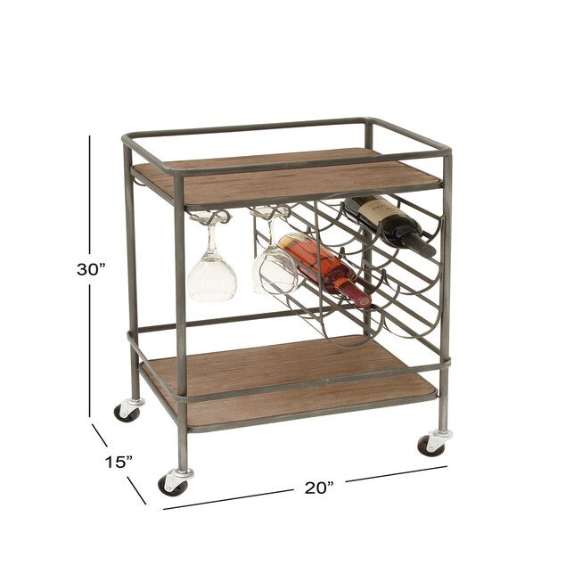 Brown Chinese Fir and Metal Industrial Bar Cart, 30x20x15, , alternate image number null