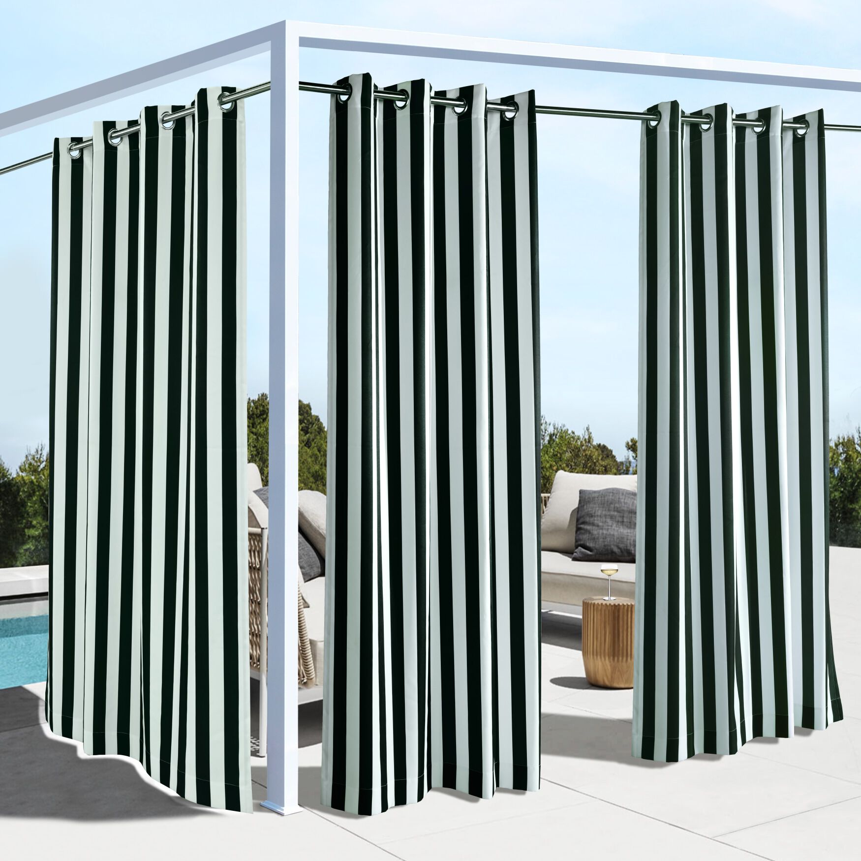 Outdoor Decor Coastal Stripe Outdoor Single Grommet Curtain Panel, BLACK, hi-res image number 0