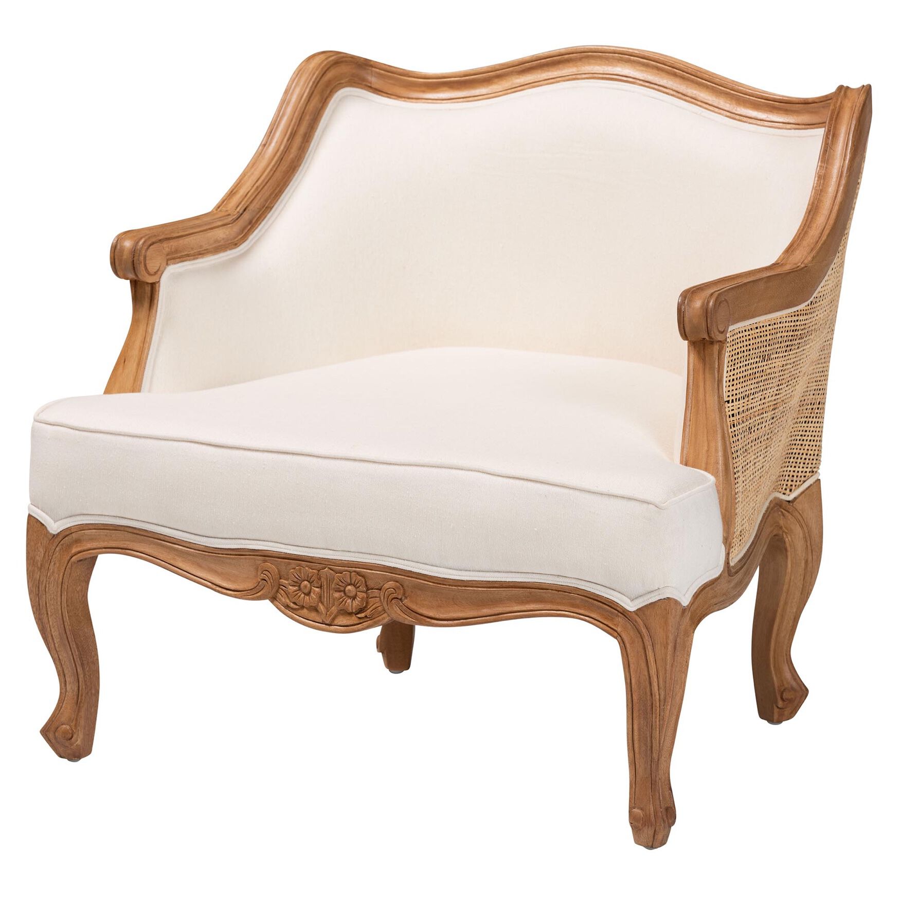 Sylvestra Traditional French Beige Fabric And Honey Oak Finished Wood Low Seat Accent Chair, BEIGE HONEY OAK, hi-res image number 0