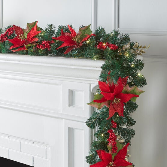 Pre-Lit Poinsettia 9&apos; Garland, RED