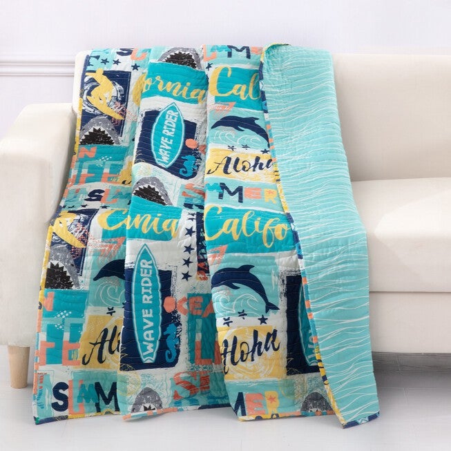 Wave Rider Quilted Throw Blanket, BLUE, hi-res image number 0