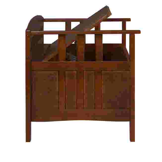 Wooden storage bench with open lid showing interior