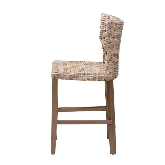 Enver Modern Bohemian Grey Kubu Rattan And Mahogany Wood Counter Stool, , alternate image number null