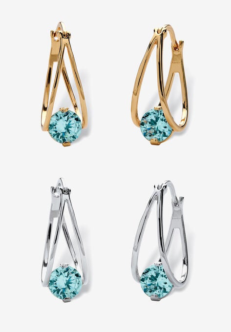 Silvertone 2 Pair Set Hoop Earrings (24x9mm) Round Simulated Blue, DECEMBER, hi-res image number null