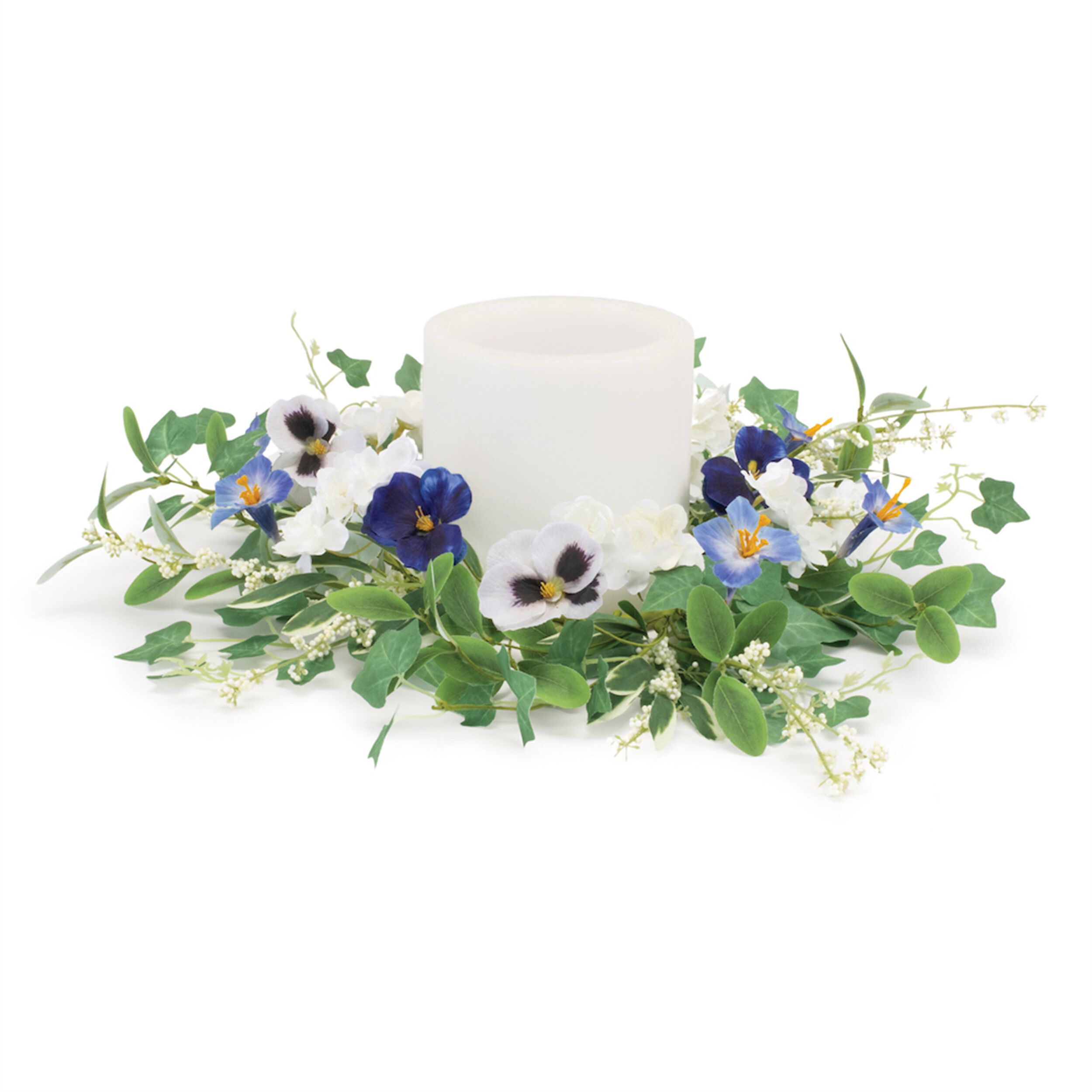 Mixed Petunia Pansy Candle Ring 16 inchesD, GREEN/WHITE, hi-res image number 0