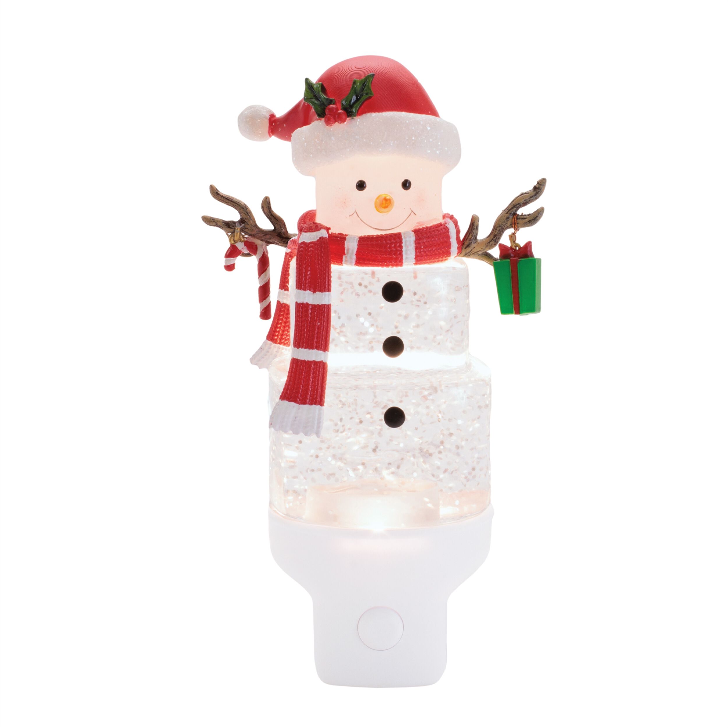 Snowman with Present Snow Globe Night Light 7 inchesH, WHITE RED GREEN, hi-res image number 0