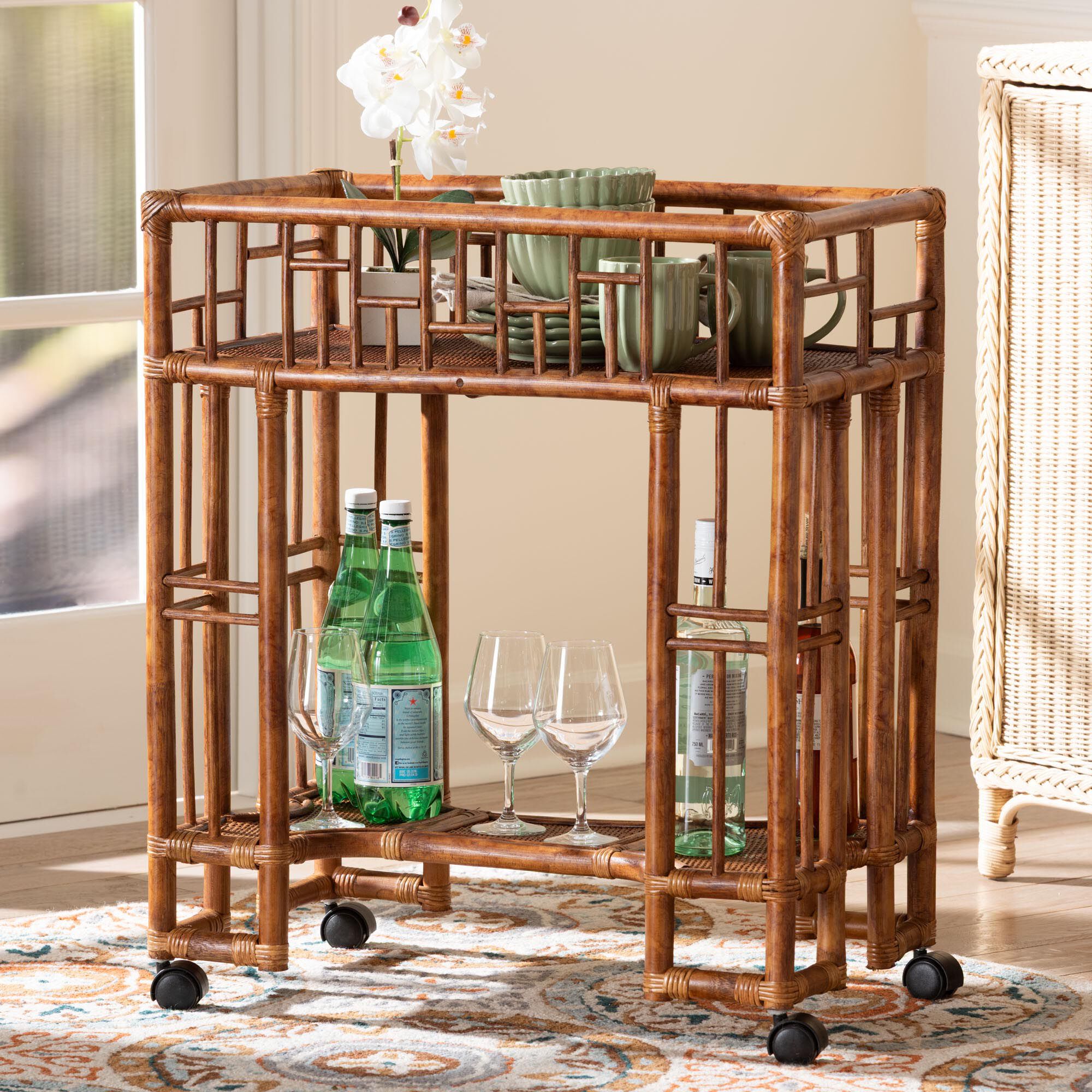 Tahlia Marbled Tortoise Rattan Kitchen Cart with Open Shelf, BROWN, hi-res image number 0