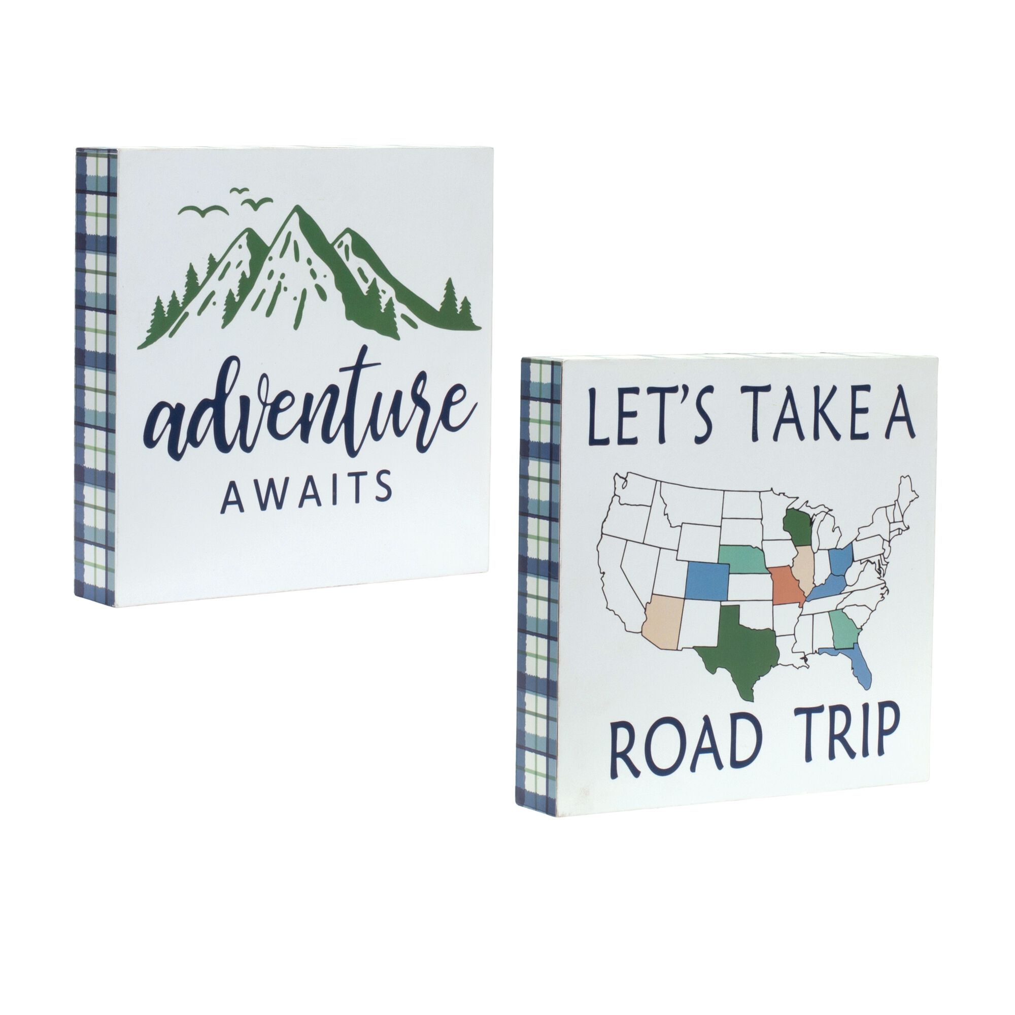 Wood Adventure Block Sentiment Sign (Set of 4), BLUE WHITE GREEN, alternate image number 1