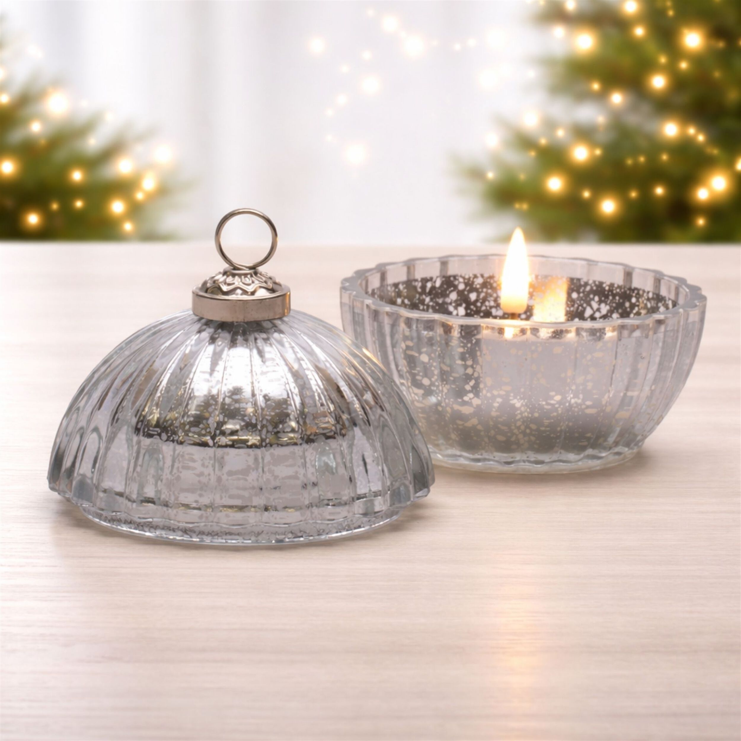 Glass Ornament with LED Candle Inside 4 inchesD, SILVER, alternate image number 1