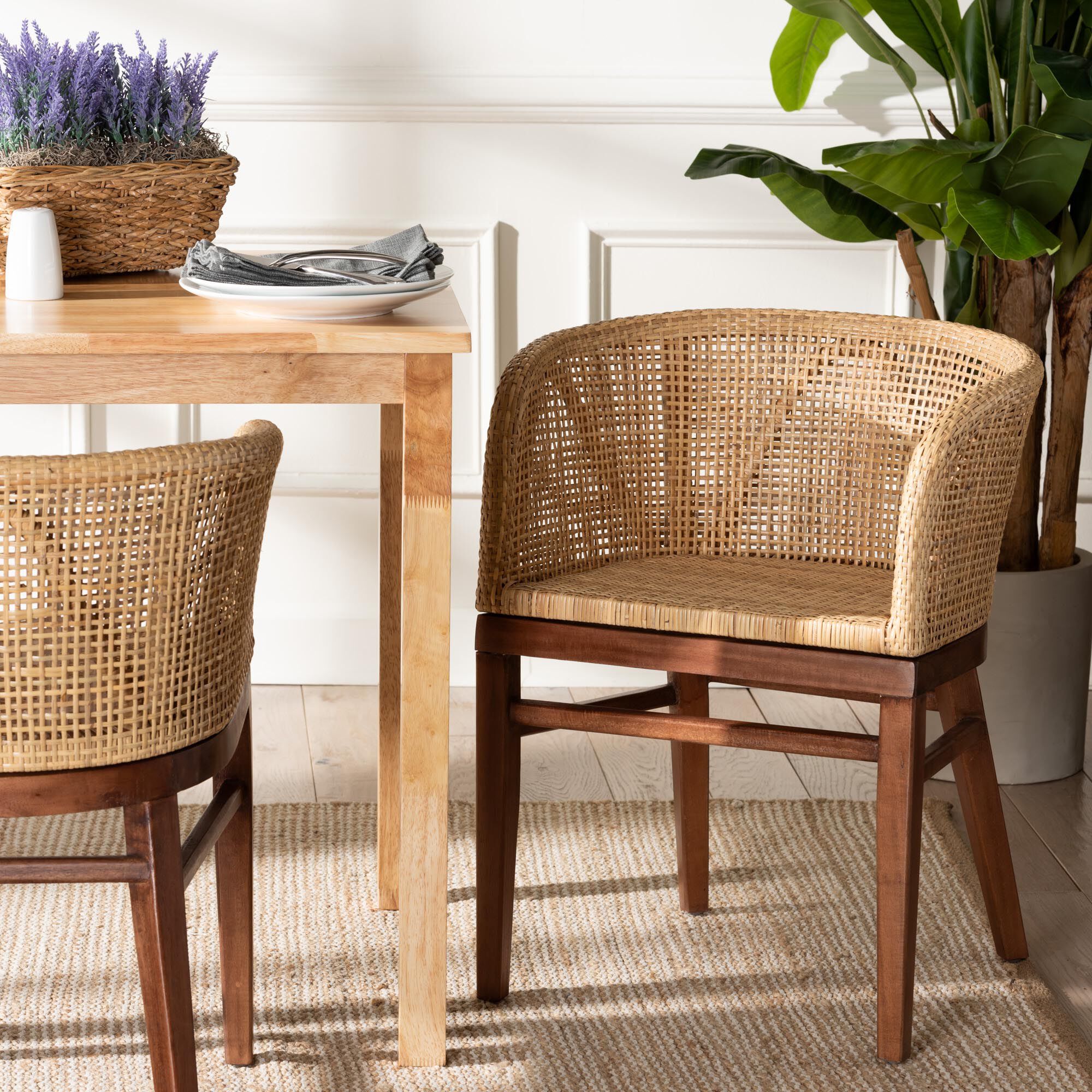 Papua Modern Bohemian Natural Rattan and Walnut Brown Acacia Wood Dining Chair, BROWN, hi-res image number 0