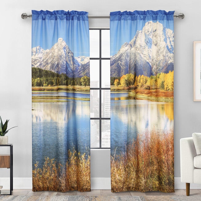 Photo Real Mountains Light Filtering Pole Top Curtain Pair, MULTI, hi-res image number 0