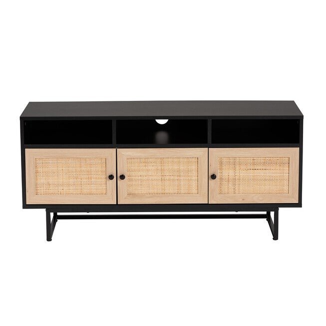 Declan Mid-Century Modern Espresso Brown Finished Wood And Natural Rattan 3-Door Tv Stand, , alternate image number null