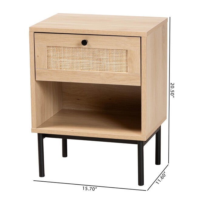 Sherwin Mid-Century Modern Light Brown And Black 1-Drawer End Table With Woven Rattan Accent, , alternate image number 9