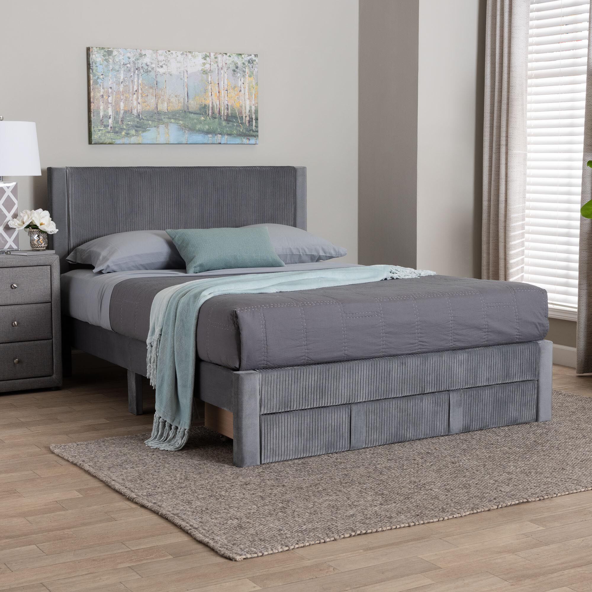 Elora Modern Pleated Velvet Queen Size Storage Bed, GREY, hi-res image number 0