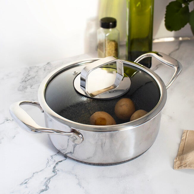 LIVWELL DiamondClad™ 3 Quart Hybrid Nonstick Stainless Steel Stock Pot and Lid, Dishwasher Safe, PFOA-free – Silver/Black, SILVER, on-hover image number 1