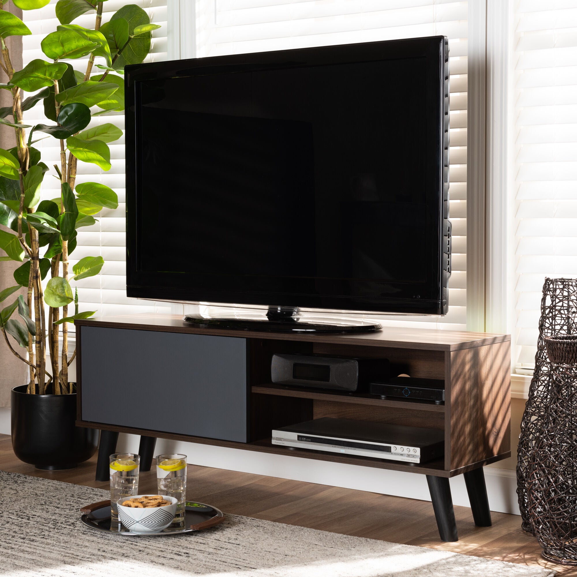 Mallory Modern and Contemporary Two-Tone Walnut Brown and Grey Finished Wood TV Stand, GREY, alternate image number 6