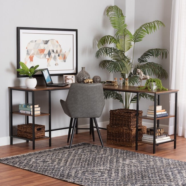 Lydia Modern Walnut Brown Finished Wood And Black Metal L-Shaped Corner Desk With Shelves, , alternate image number null