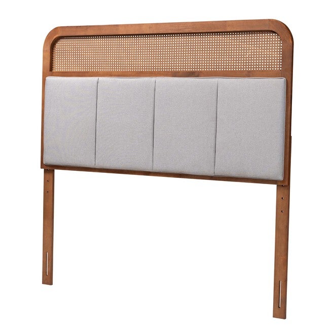 Esti Mid-Century Modern Light Grey Fabric And Ash Walnut Finished Wood King Size Headboard With Rattan, GREY ASH WALNUT, hi-res image number null