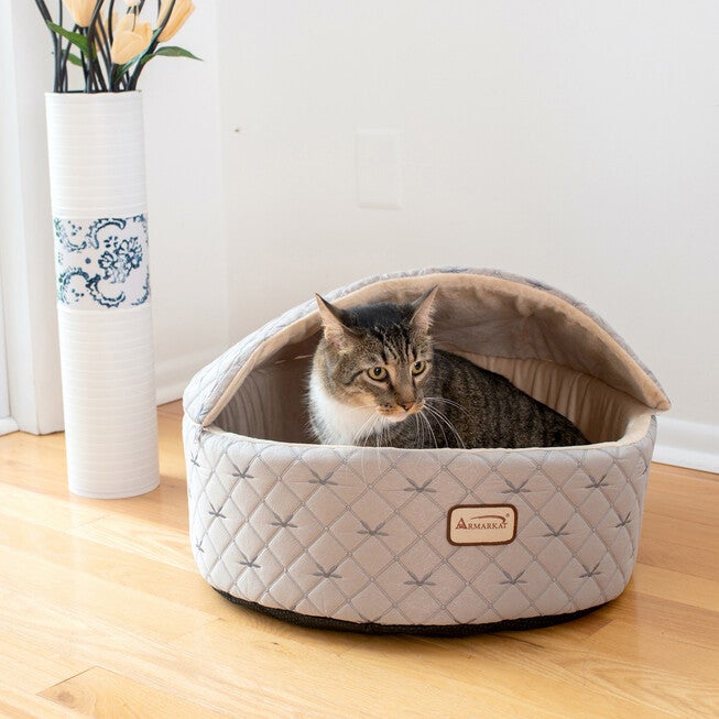 Cuddle Cave Cat Bed With Detachable & Collasible Zipper Top, Medium, Pale Silver and Beige, , on-hover image number null