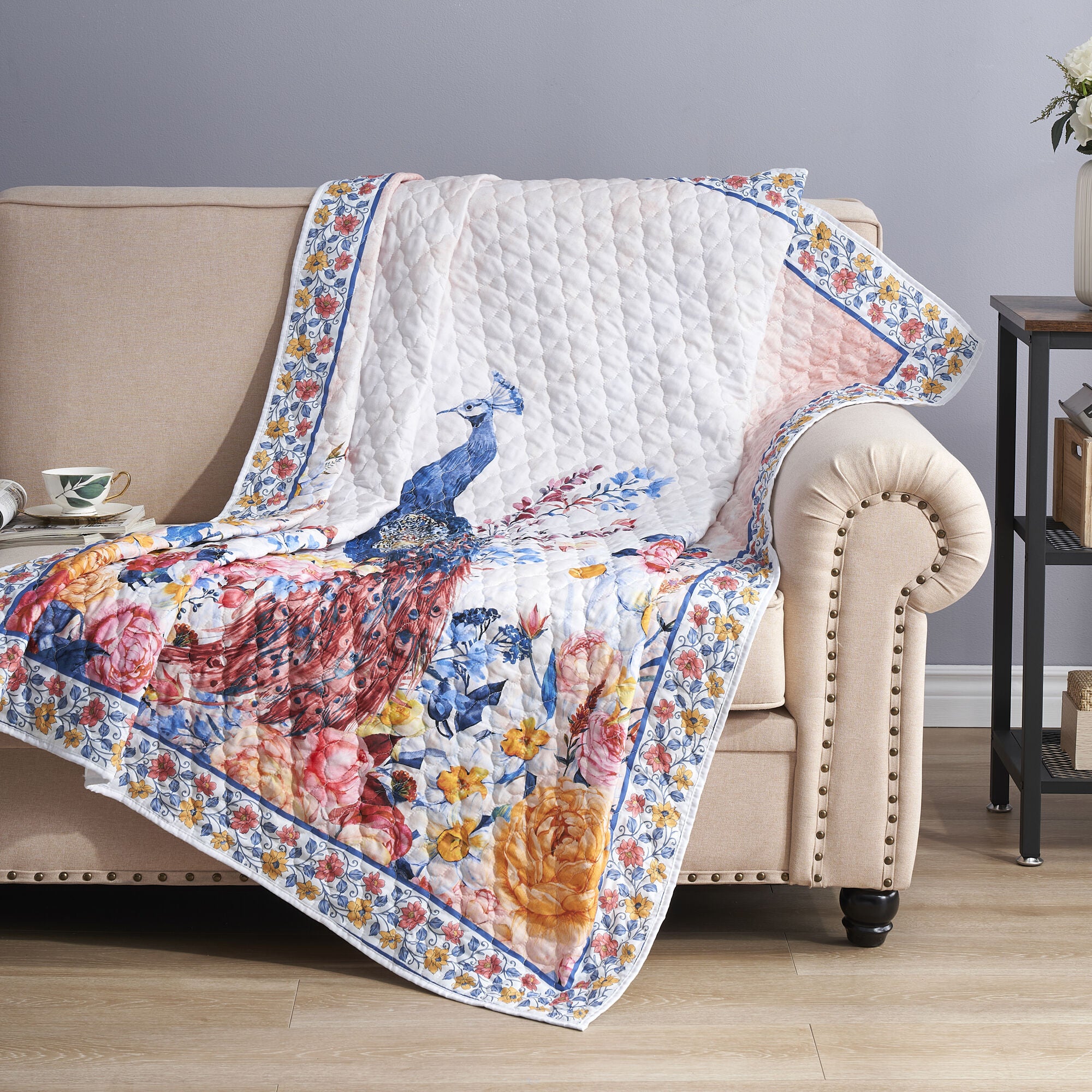 Huntington Peacock Quilted Throw Blanket, GOLD, hi-res image number 0