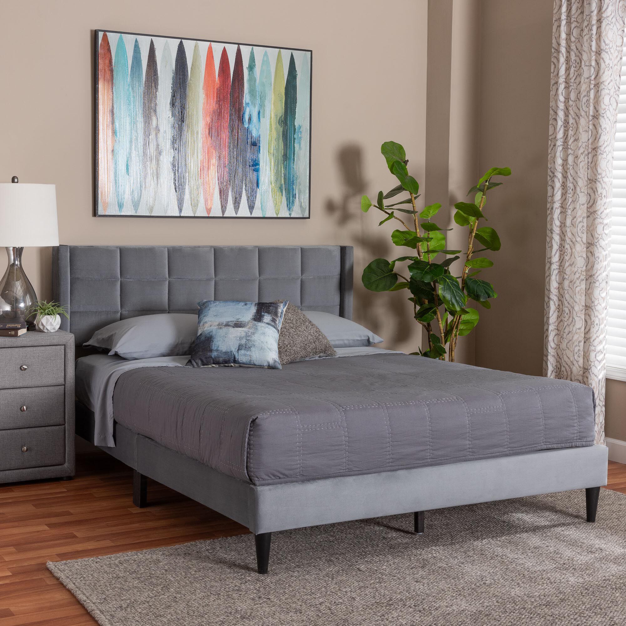 Baxton Studio Payne Modern Glam Grey Velvet and Dark Brown Wood Queen Bed, GREY, hi-res image number 0