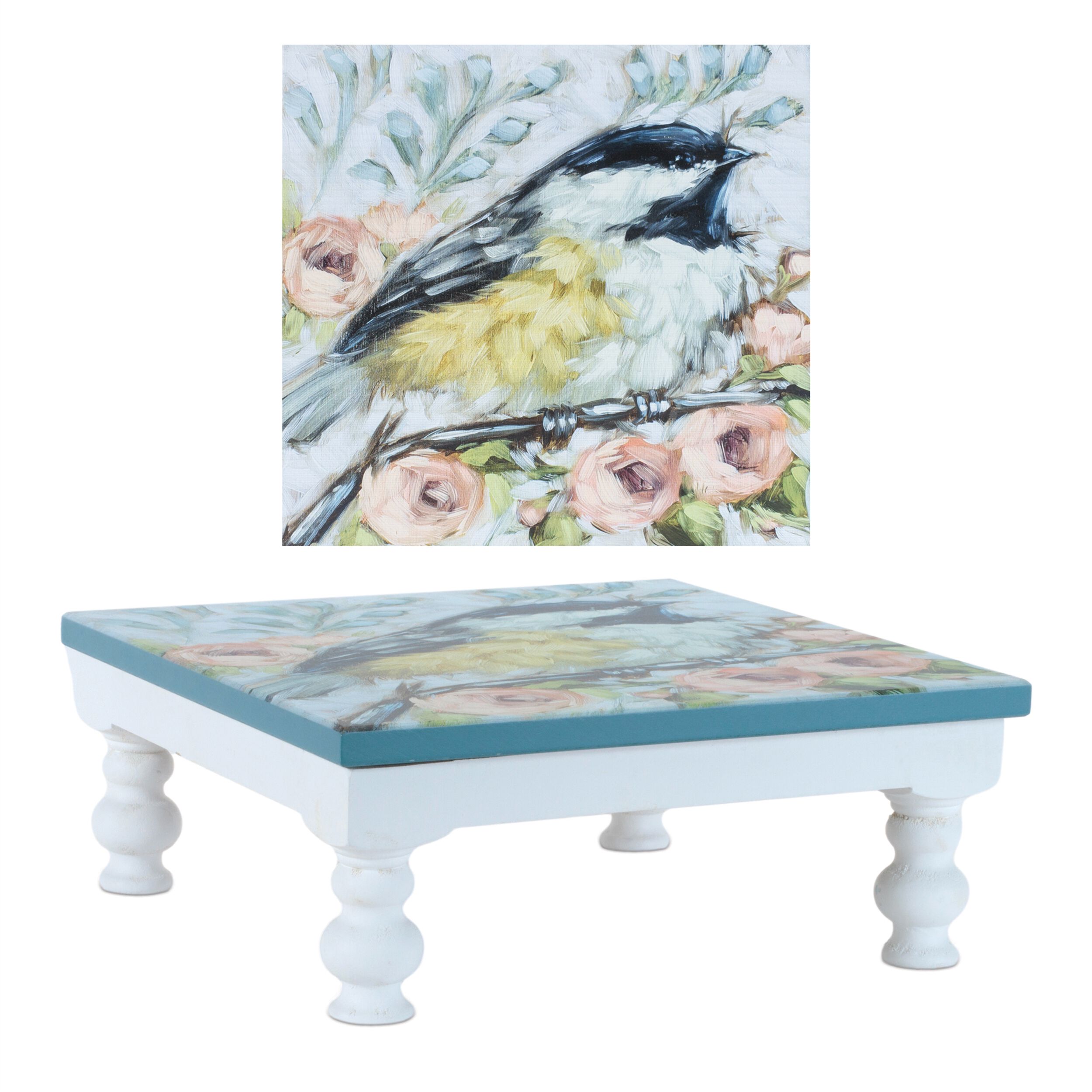 Wooden Floral Bird Pedestal Tray Set of 2, BLUE WHITE, alternate image number 2