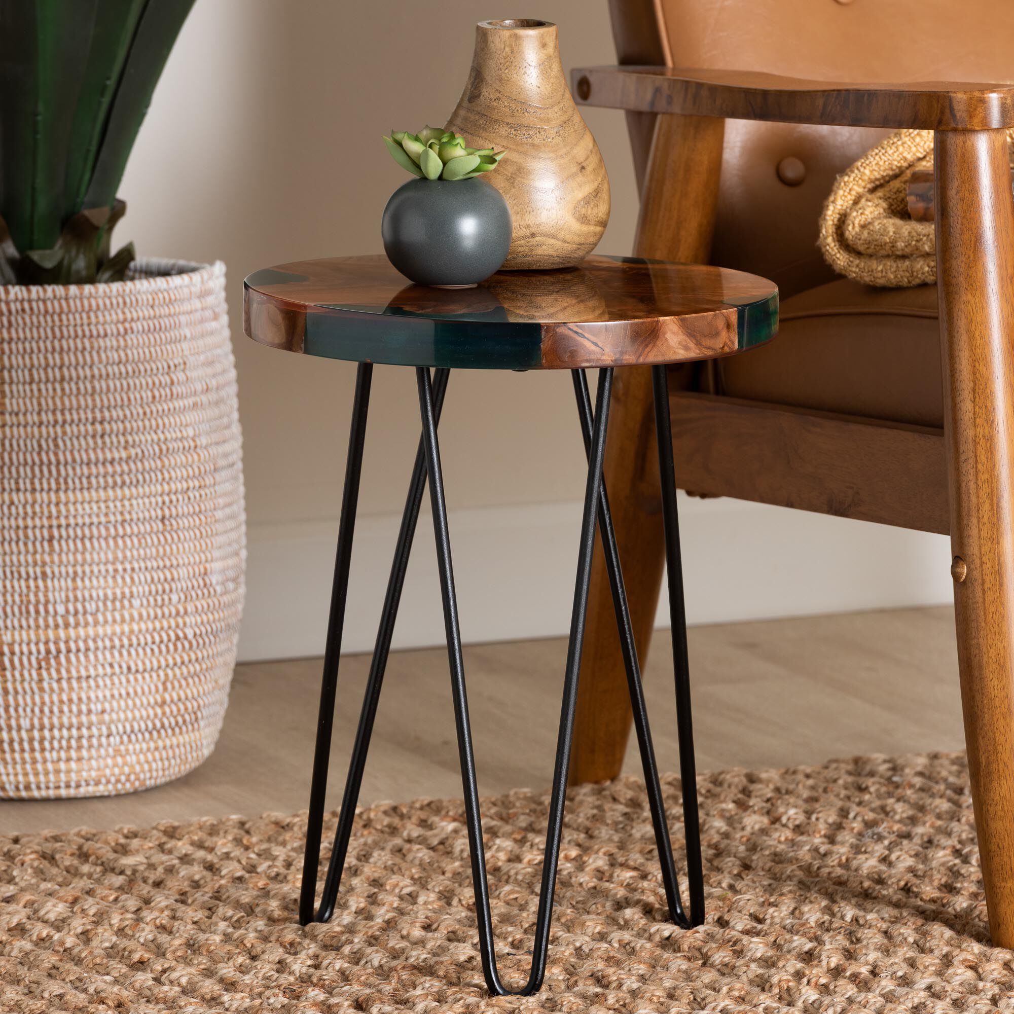 Anan Teak Wood Epoxy Resin End Table, Round, BROWN, hi-res image number 0