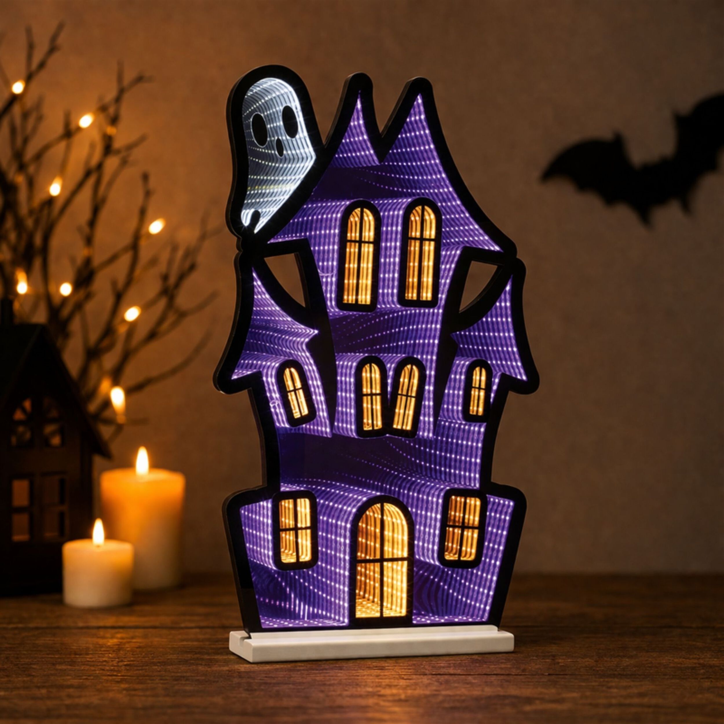 Haunted House w/Ghost Ekkolight 16 inchesH, PURPLE BLACK ORANGE, alternate image number 3