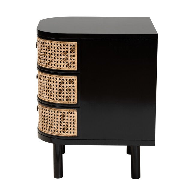 Nabila Modern Bohemian Black Bayur Wood And Natural Rattan 3-Drawer End Table Nightstand, , alternate image number 3