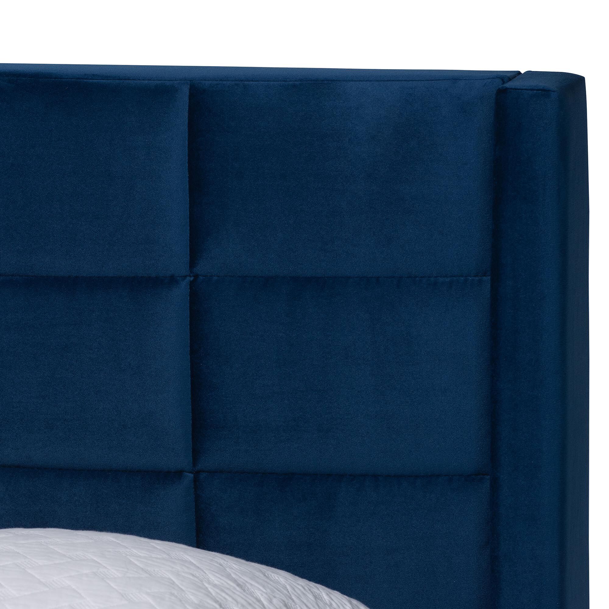 Baxton Studio Payne Modern Glam Grey Velvet and Dark Brown Wood Queen Bed, NAVY BLUE, alternate image number 4