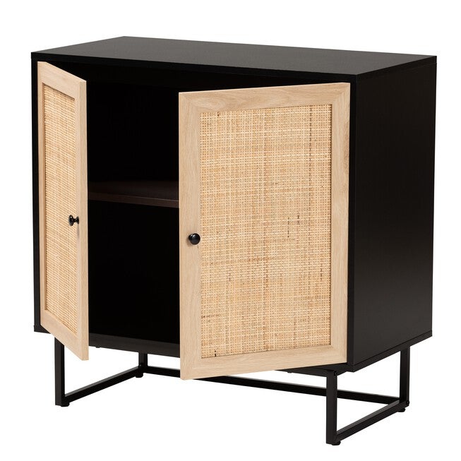 Declan Mid-Century Modern Espresso Brown Finished Wood And Natural Rattan 2-Door Storage Cabinet, , on-hover image number null