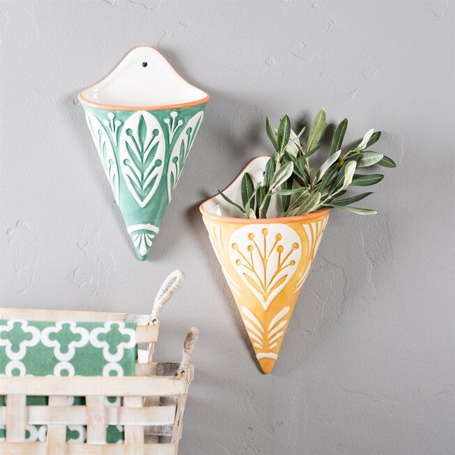 Wall Pocket (Set of 2) 6.25 inchesL x 10.5 inchesH Ceramic, GREEN/WHITE/YELLOW, alternate image number null