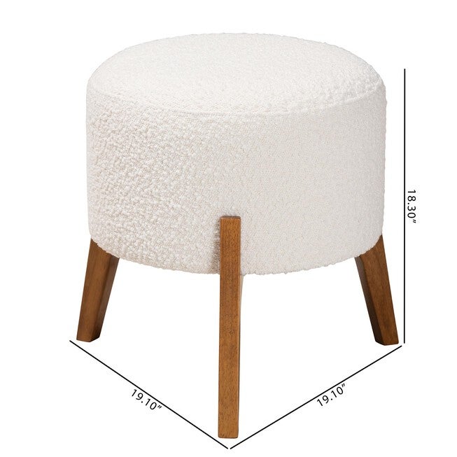 Elkie Japandi Cream Boucle Fabric And Walnut Brown Finished Wood Ottoman Footstool, , alternate image number null