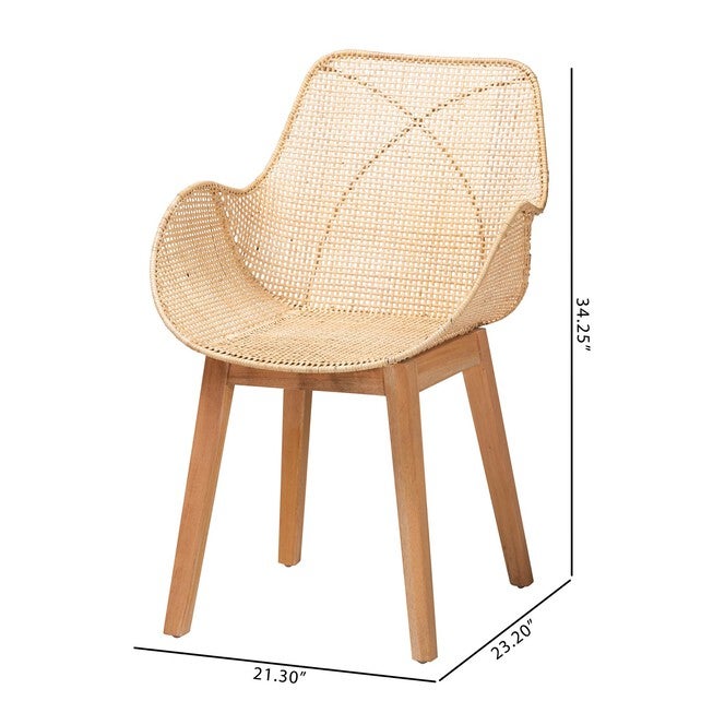 Ballerina Japandi Natural Brown Finished Mahogany Wood And Rattan 2-Piece Dining Chair Set, , alternate image number null