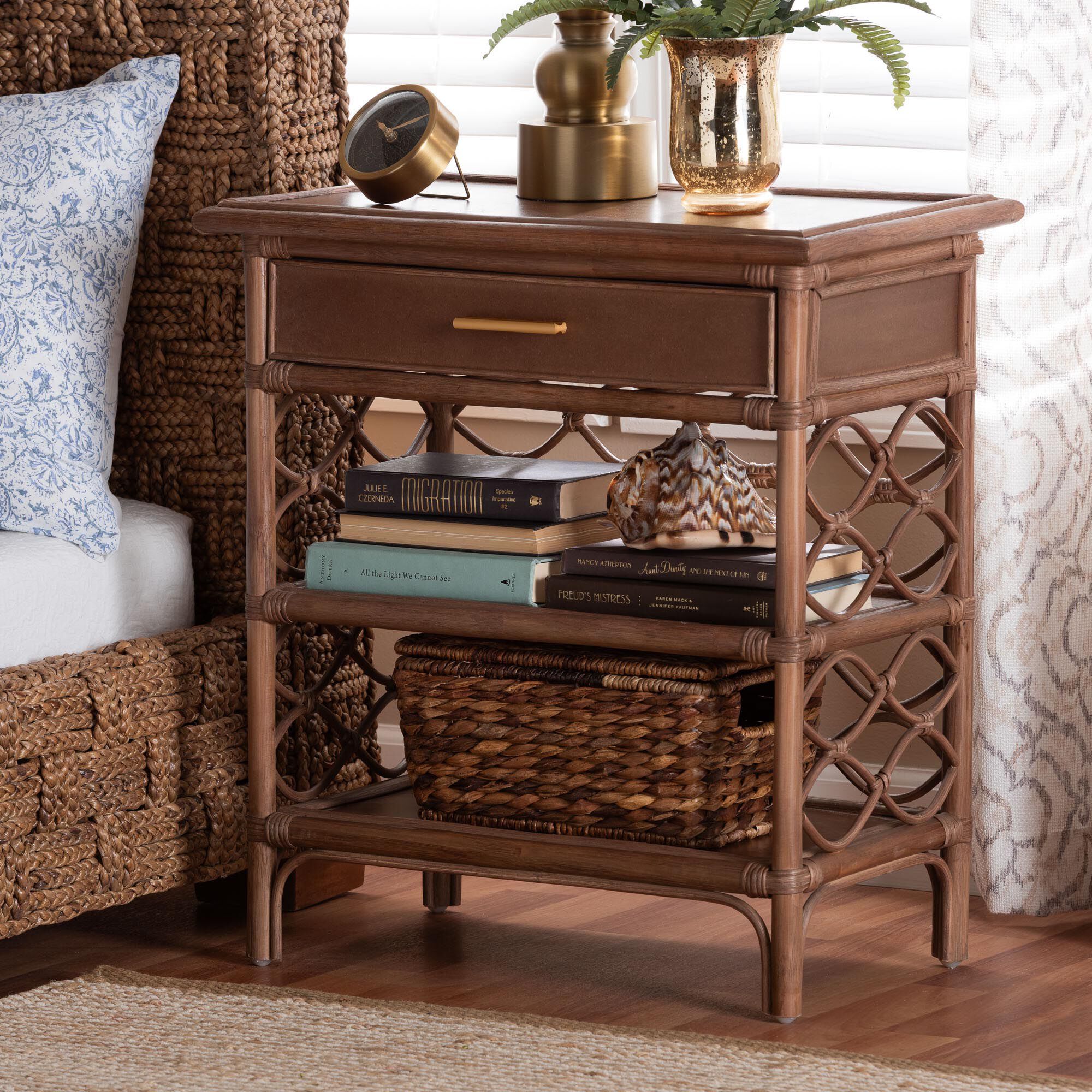 Akane Natural Rattan Nightstand, White, BROWN, hi-res image number 0