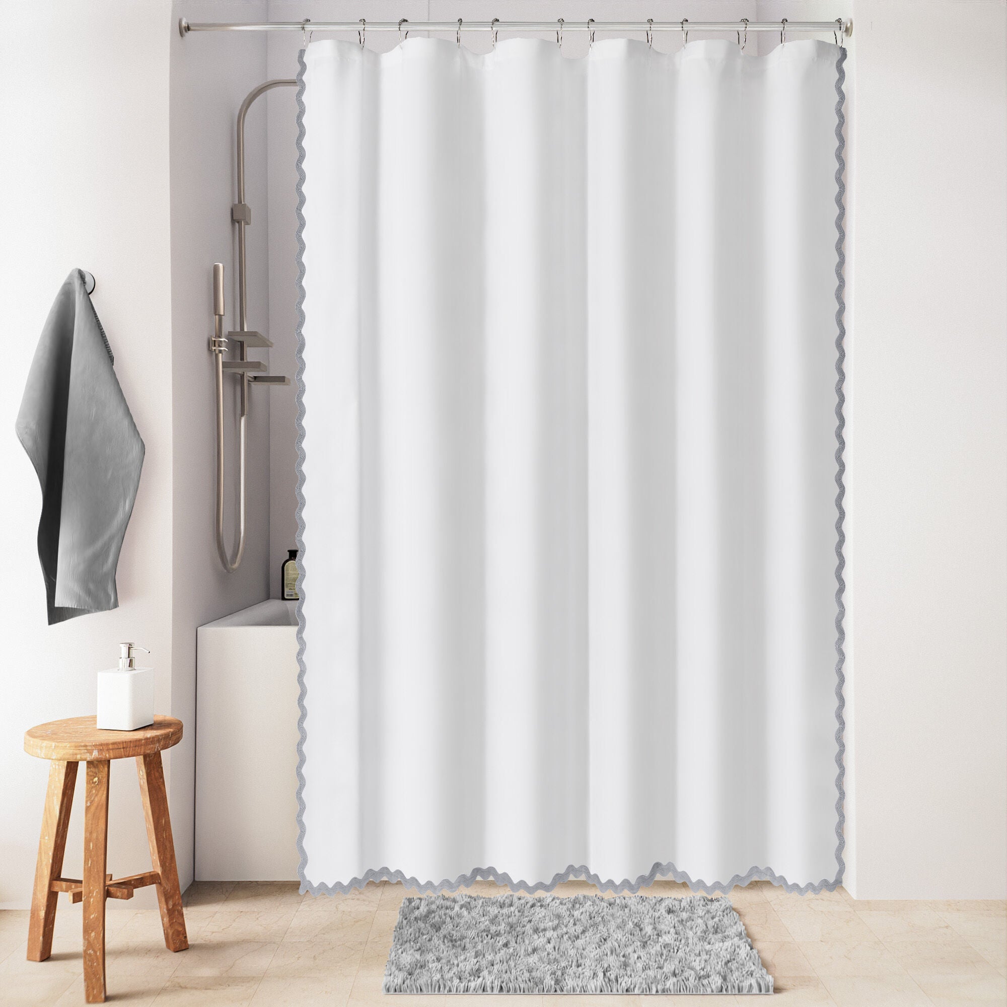 Scalloped Fabric Shower Curtain, GREY, hi-res image number 0