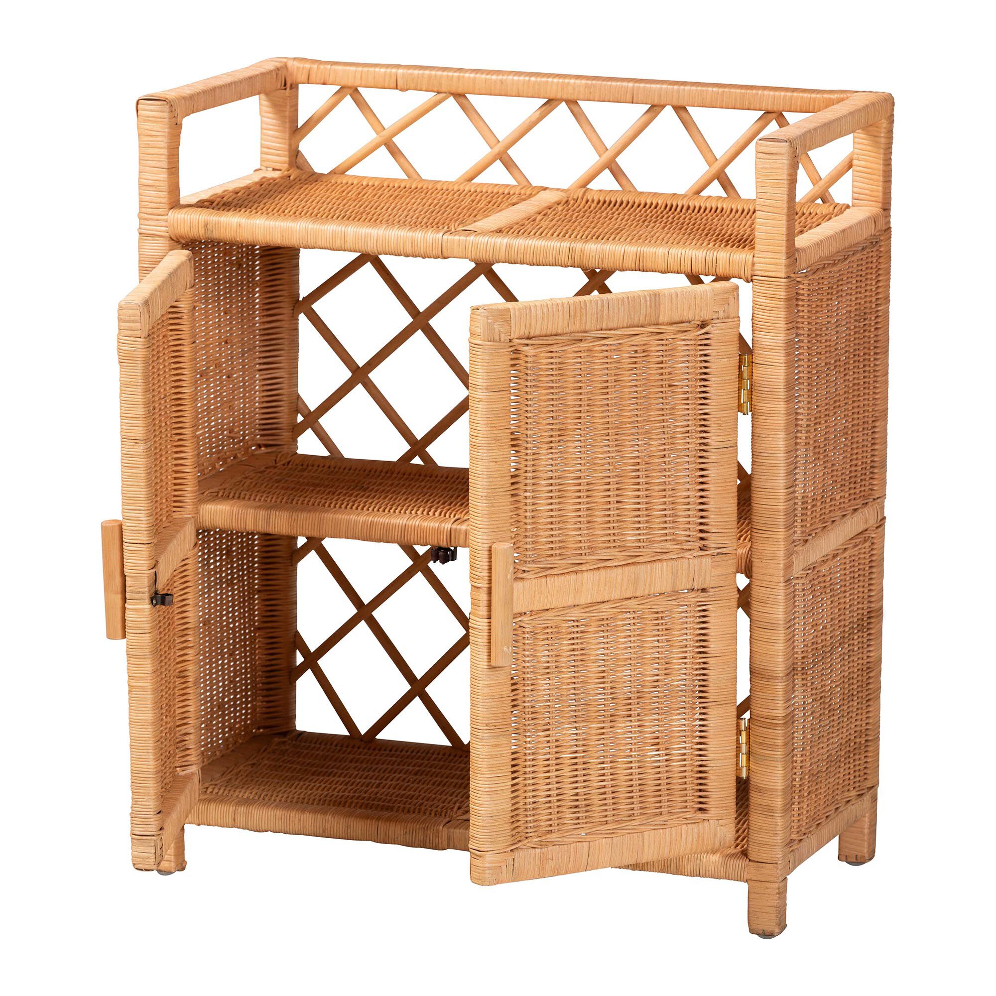 Hendrina Natural Rattan and Mahogany Wood 3-Tier Shoe Cabinet, HONEY, alternate image number 2