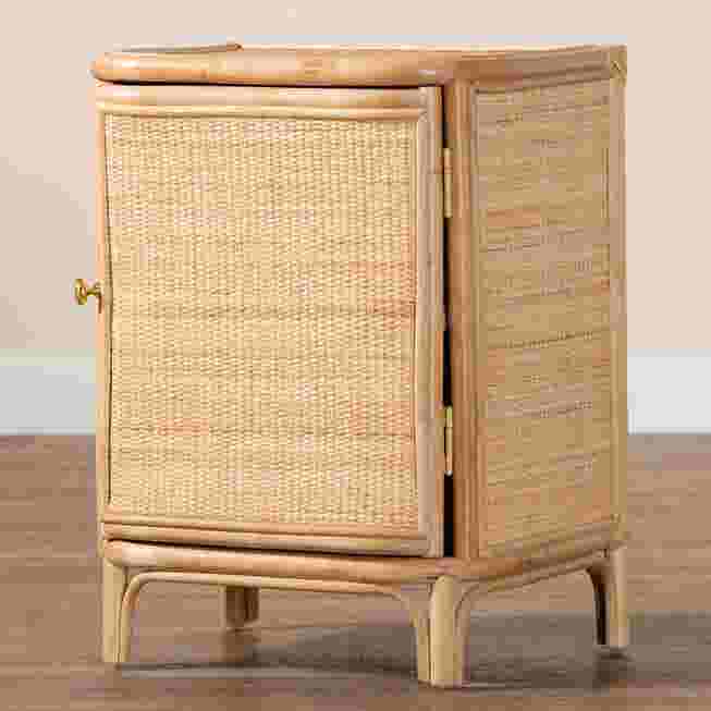 Rattan nightstand in a room setting