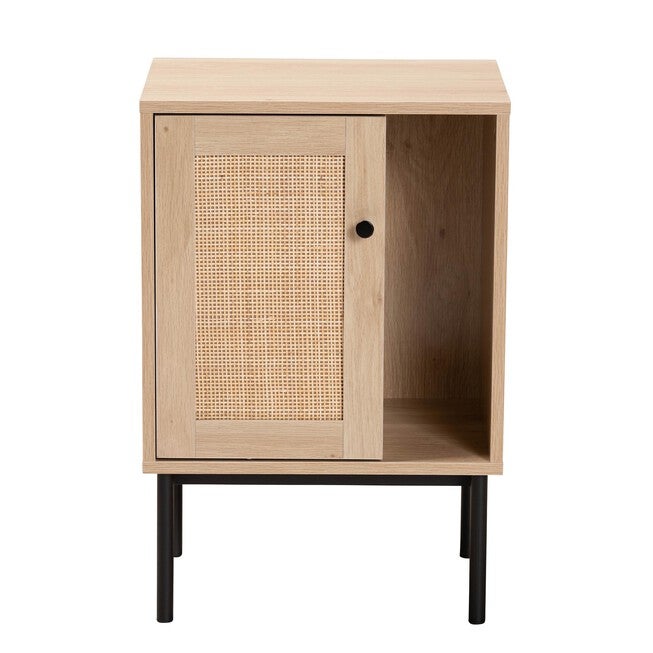 Sherwin Mid-Century Modern Light Brown And Black 1-Door Cabinet With Woven Rattan Accent, , alternate image number null