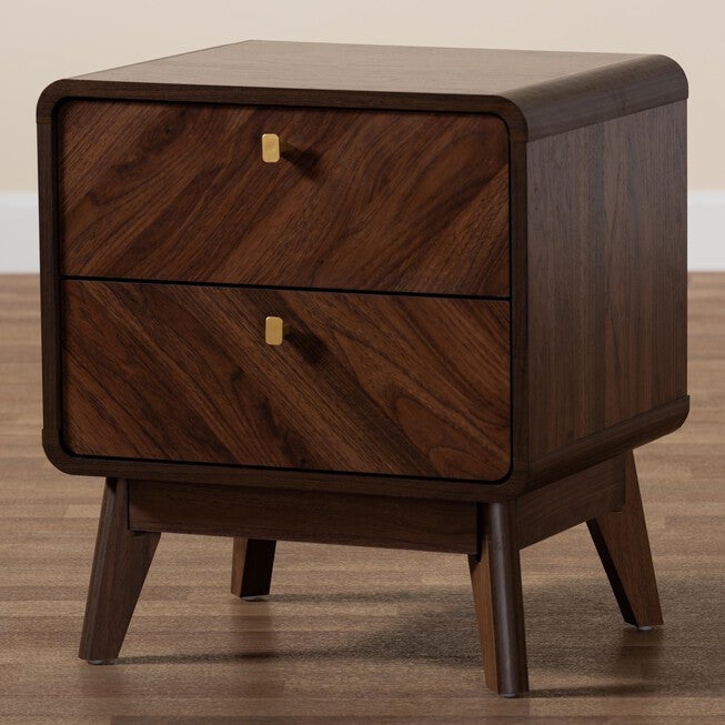 Markell Mid-Century Transitional Walnut Brown Finished Wood 2-Drawer Nightstand, , alternate image number null