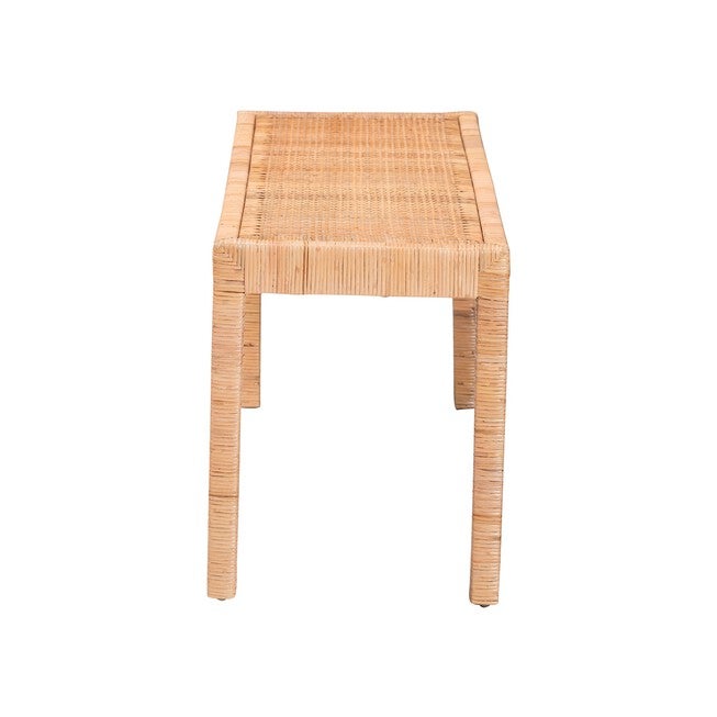 Abelia Modern Bohemian Natural Rattan And Mahogany Wood Long Accent Bench, , alternate image number null