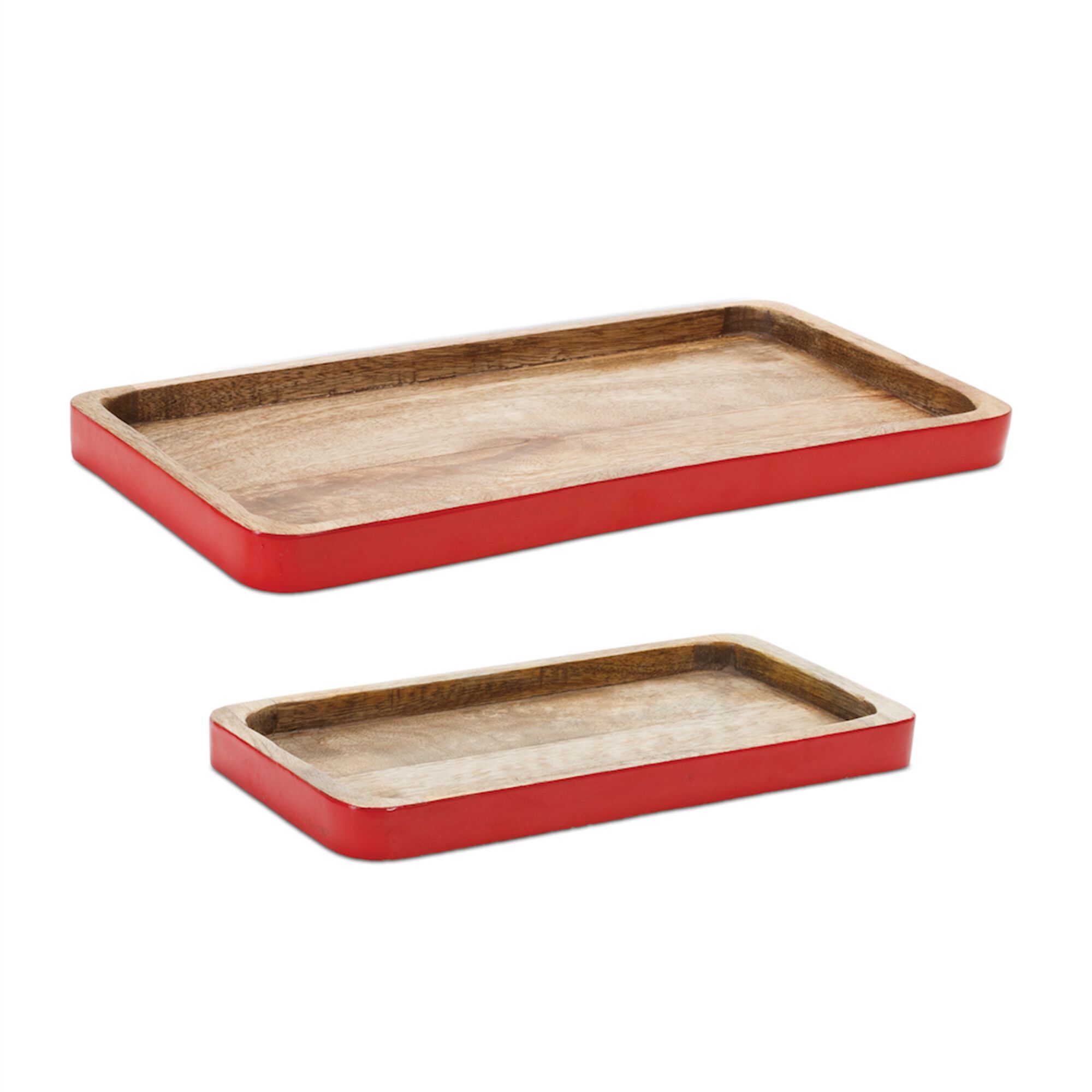 Red Trimmed Wooden Tray (Set of 2), RED/BROWN, hi-res image number 0