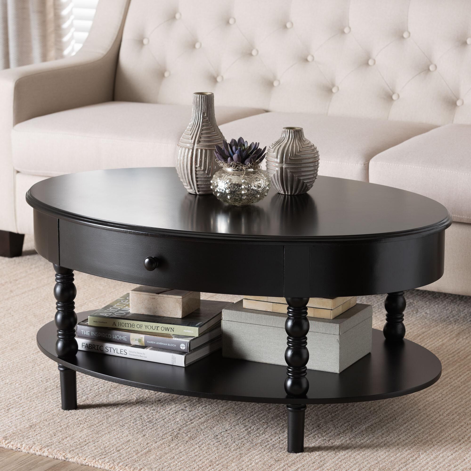 Malinda Classic Black Wood 1-Drawer Coffee Table with Spindle Legs, BLACK, hi-res image number 0