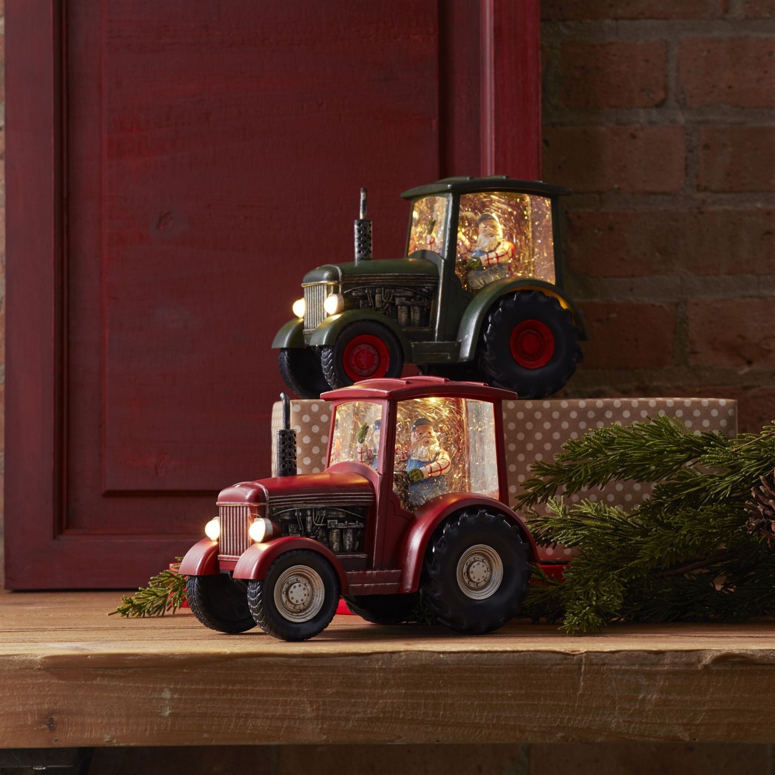 LED Snow Globe Tractor with Farmer Santa (Set of 2), RED GREEN, alternate image number 2