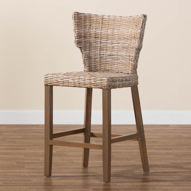 Enver Modern Bohemian Grey Kubu Rattan And Mahogany Wood Counter Stool, , alternate image number null